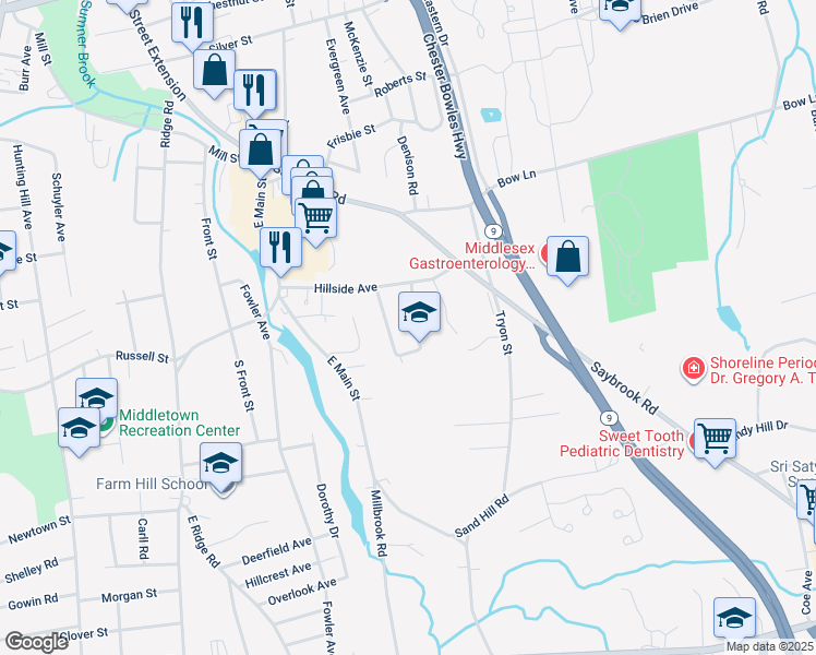 map of restaurants, bars, coffee shops, grocery stores, and more near 31 Maynard Street in Middletown