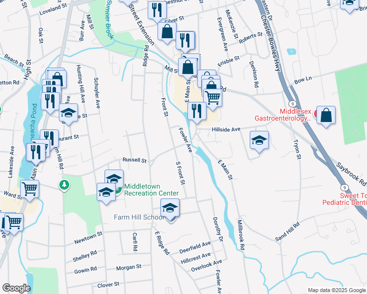 map of restaurants, bars, coffee shops, grocery stores, and more near 459 East Main Street in Middletown