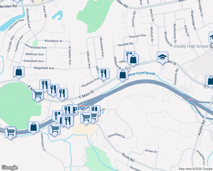 map of restaurants, bars, coffee shops, grocery stores, and more near 6 Meriline Avenue in Waterbury