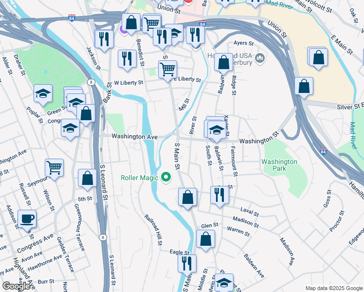 map of restaurants, bars, coffee shops, grocery stores, and more near 26 Washington Street in Waterbury
