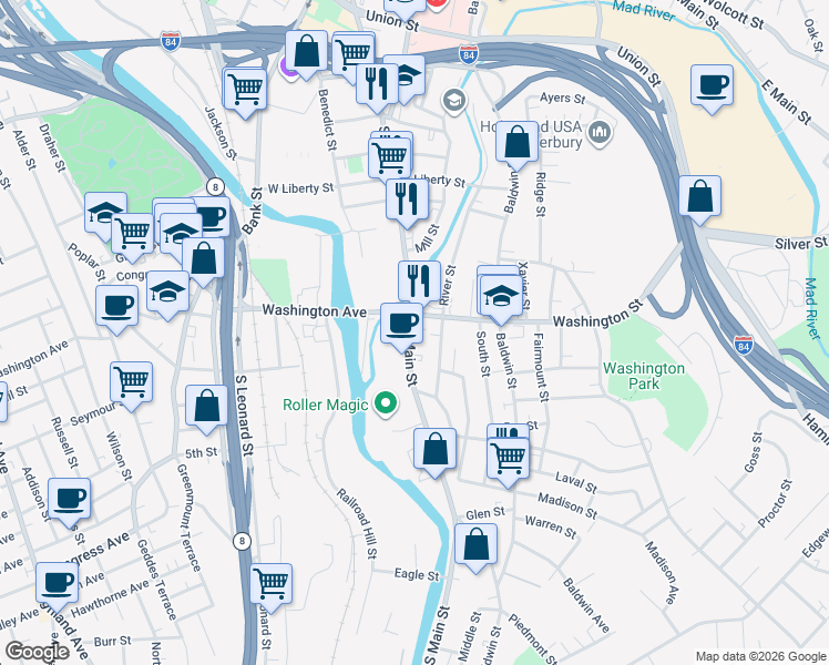 map of restaurants, bars, coffee shops, grocery stores, and more near 952 South Main Street in Waterbury