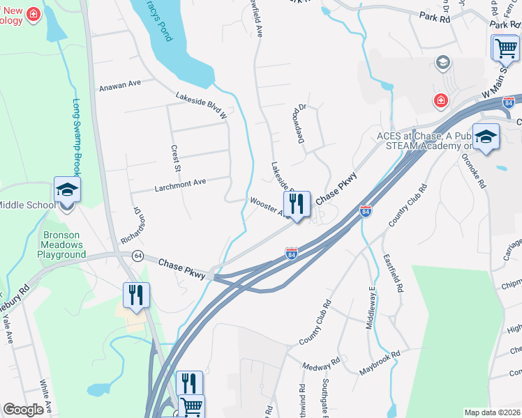 map of restaurants, bars, coffee shops, grocery stores, and more near 80 Wooster Avenue in Waterbury