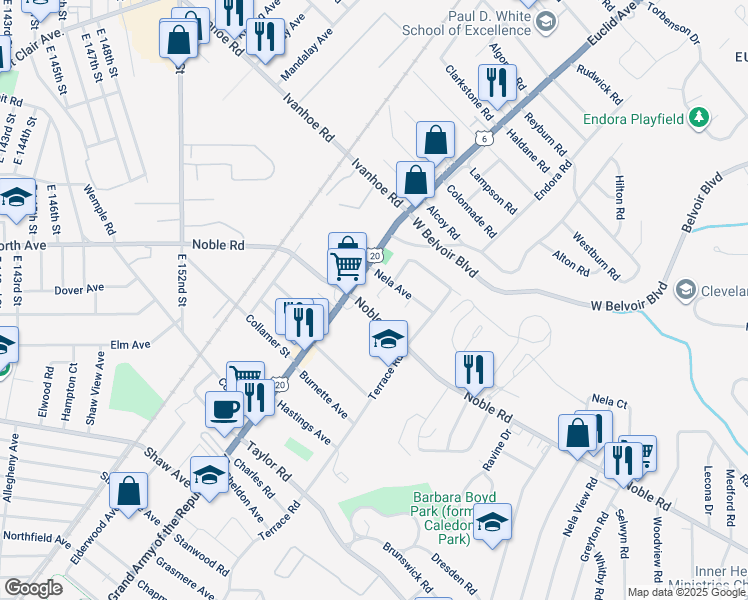 map of restaurants, bars, coffee shops, grocery stores, and more near 16160 Euclid Avenue in East Cleveland
