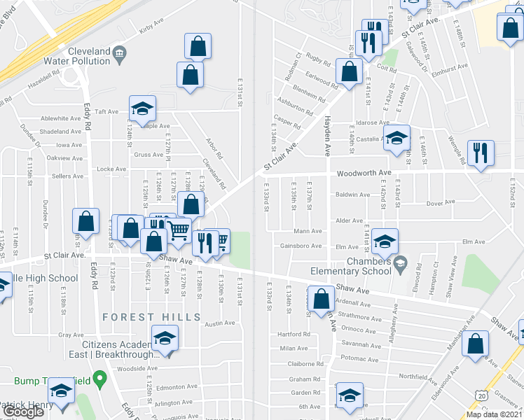 map of restaurants, bars, coffee shops, grocery stores, and more near 1252 East 133rd Street in East Cleveland