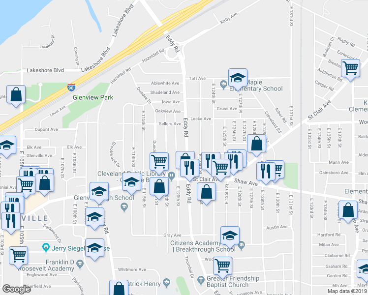 map of restaurants, bars, coffee shops, grocery stores, and more near 482 Eddy Road in Cleveland
