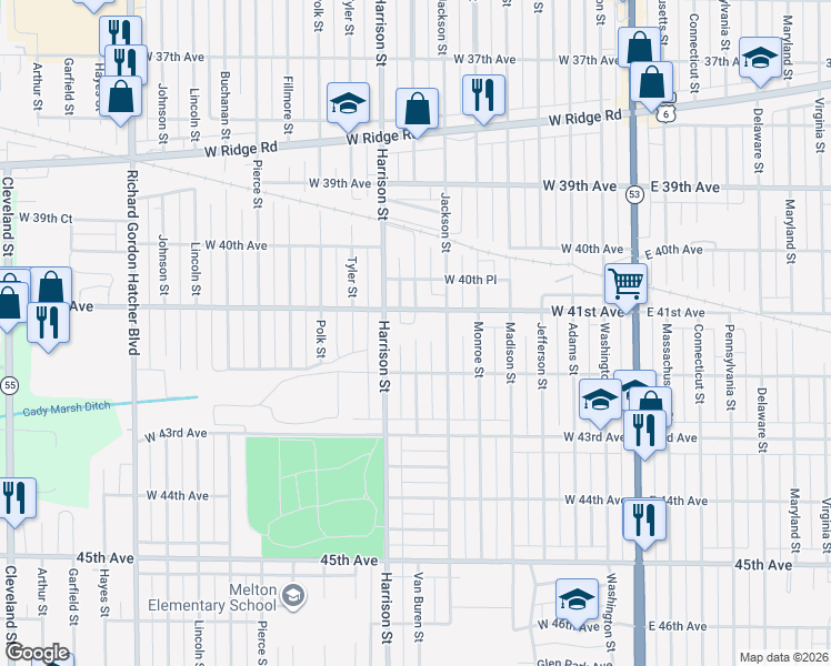 map of restaurants, bars, coffee shops, grocery stores, and more near 705 West 41st Avenue in Gary
