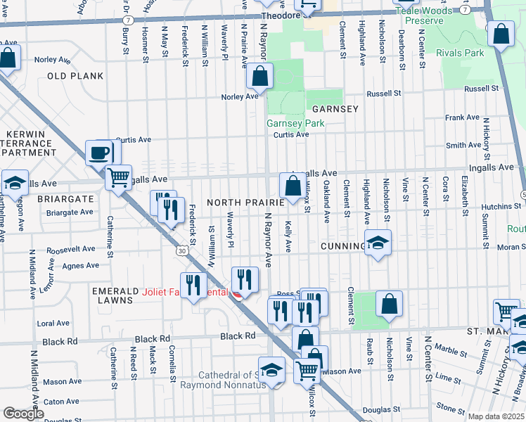 map of restaurants, bars, coffee shops, grocery stores, and more near 1114 North Prairie Avenue in Joliet