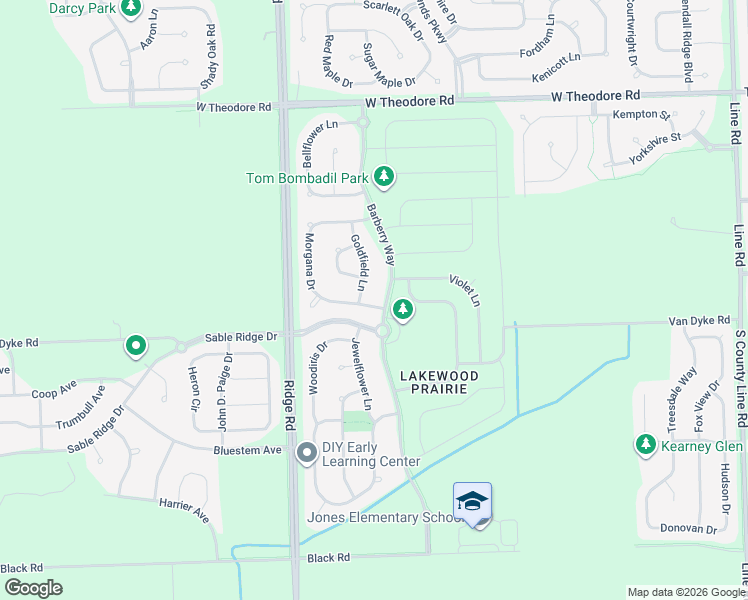 map of restaurants, bars, coffee shops, grocery stores, and more near 1213 Barberry Way in Joliet