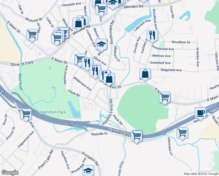 map of restaurants, bars, coffee shops, grocery stores, and more near 1986 East Main Street in Waterbury