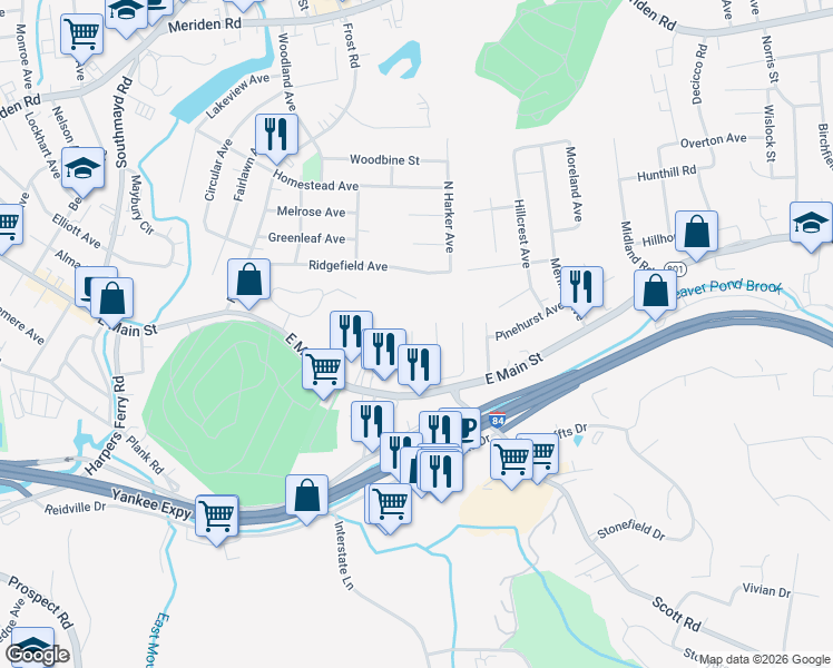 map of restaurants, bars, coffee shops, grocery stores, and more near 60 Kramer Avenue in Waterbury