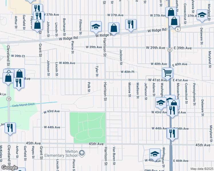 map of restaurants, bars, coffee shops, grocery stores, and more near 4133 Harrison Street in Gary