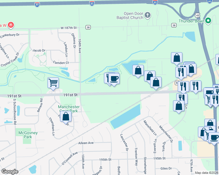 map of restaurants, bars, coffee shops, grocery stores, and more near 10160 191st Street in Mokena