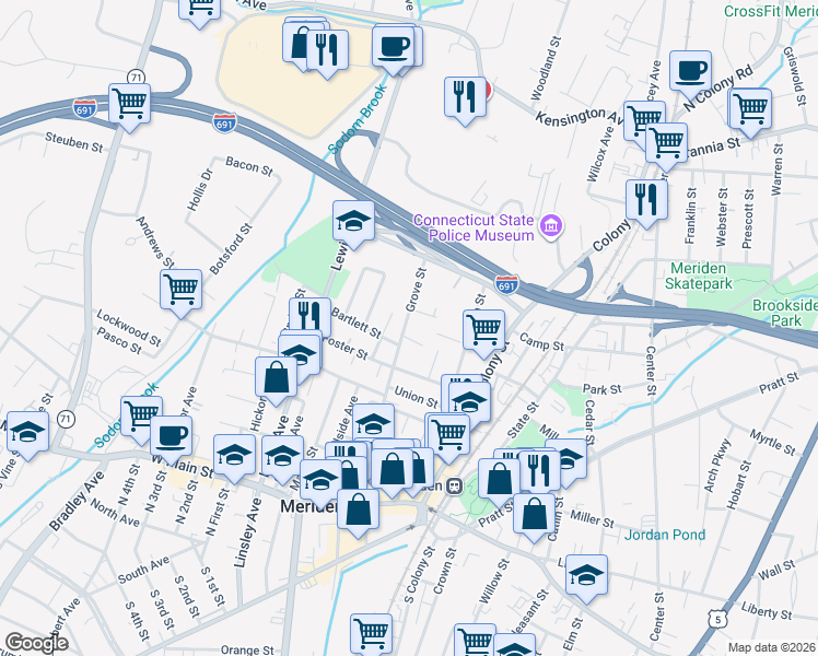 map of restaurants, bars, coffee shops, grocery stores, and more near 40 Platt Avenue Exn in Meriden