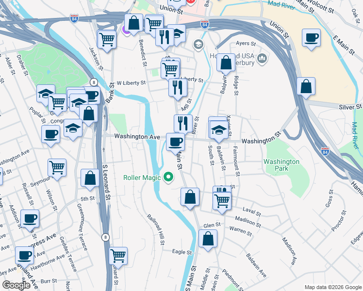 map of restaurants, bars, coffee shops, grocery stores, and more near 952 South Main Street in Waterbury
