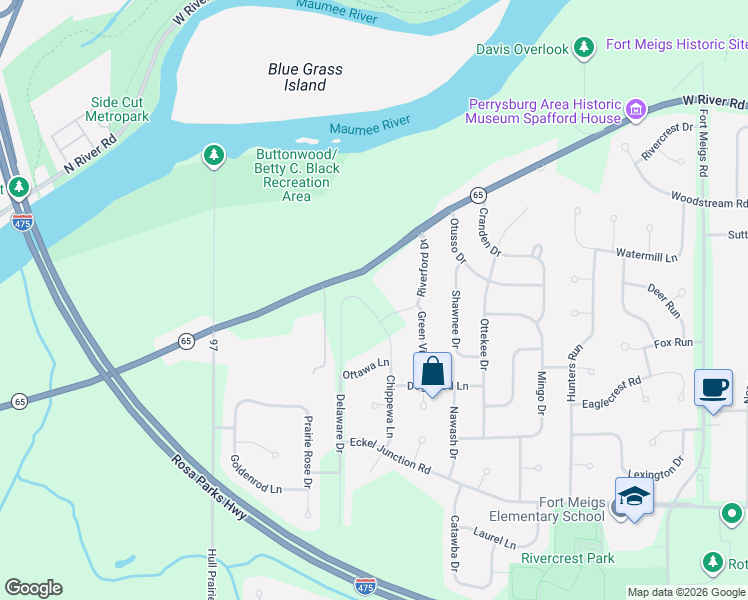 map of restaurants, bars, coffee shops, grocery stores, and more near 27024 West River Road in Perrysburg