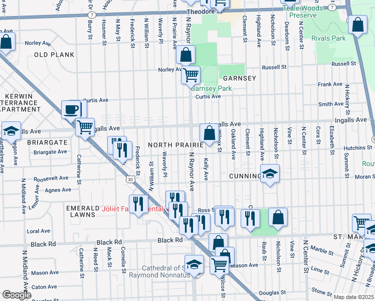map of restaurants, bars, coffee shops, grocery stores, and more near 1114 North Prairie Avenue in Joliet