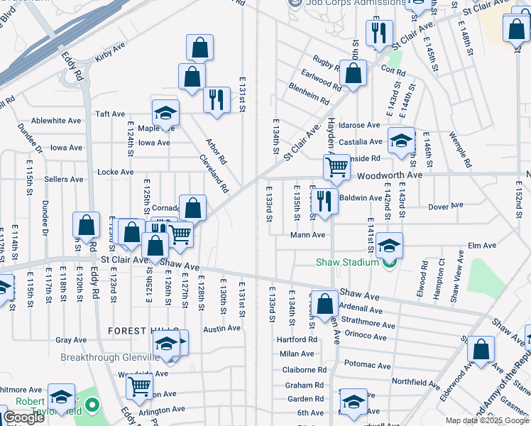 map of restaurants, bars, coffee shops, grocery stores, and more near 1278 East 133rd Street in East Cleveland