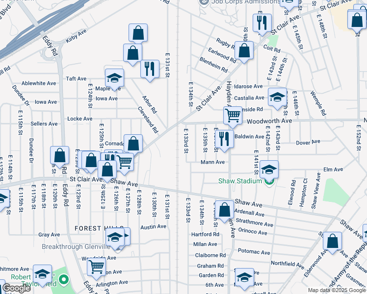 map of restaurants, bars, coffee shops, grocery stores, and more near 1276 East 133rd Street in East Cleveland