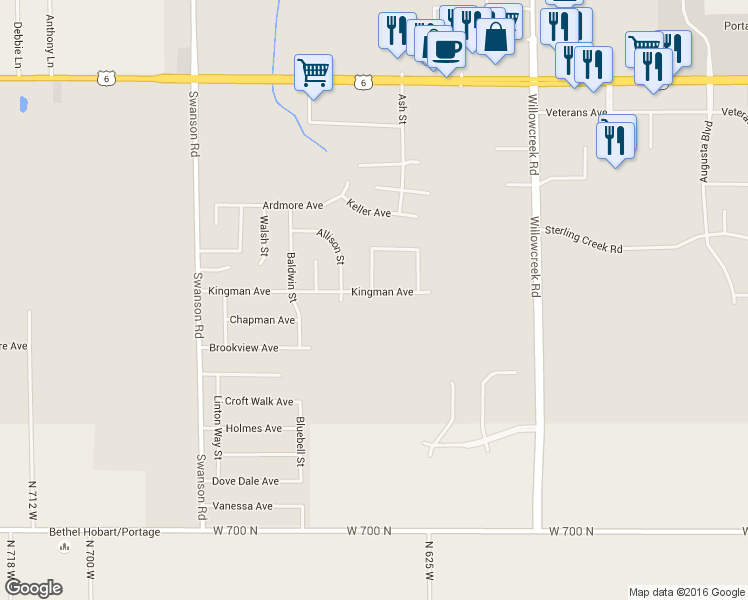 map of restaurants, bars, coffee shops, grocery stores, and more near 5836 Kingman Avenue in Portage