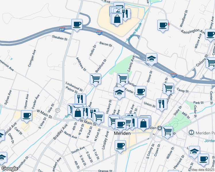 map of restaurants, bars, coffee shops, grocery stores, and more near 41 Water Street in Meriden