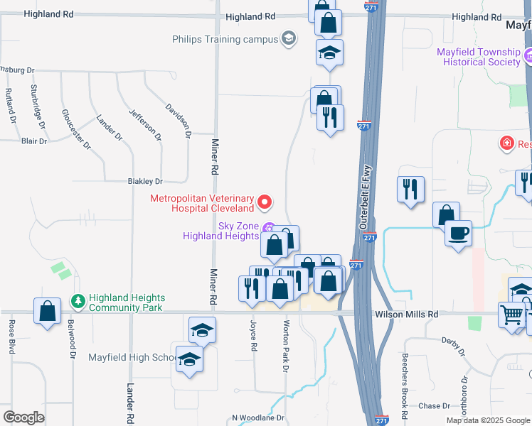 map of restaurants, bars, coffee shops, grocery stores, and more near 734 Alpha Drive in Highland Heights