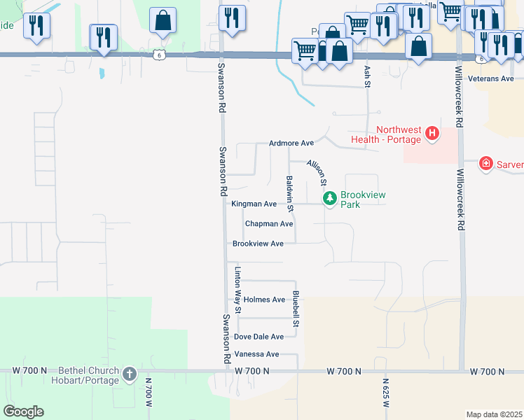 map of restaurants, bars, coffee shops, grocery stores, and more near 5704 Kingman Avenue in Portage