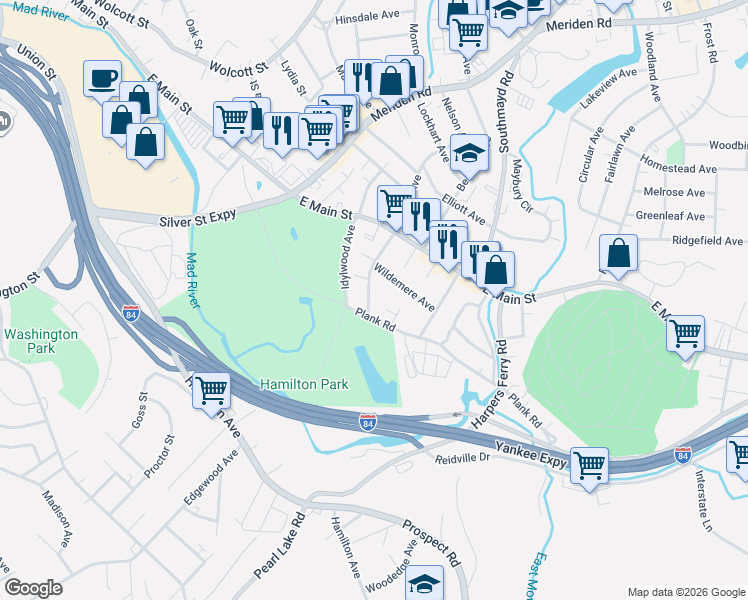 map of restaurants, bars, coffee shops, grocery stores, and more near 87 Englewood Avenue in Waterbury