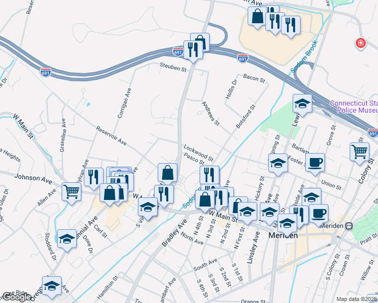 map of restaurants, bars, coffee shops, grocery stores, and more near 62 Lockwood Street in Meriden