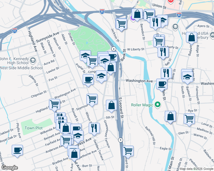 map of restaurants, bars, coffee shops, grocery stores, and more near 302 Washington Avenue in Waterbury