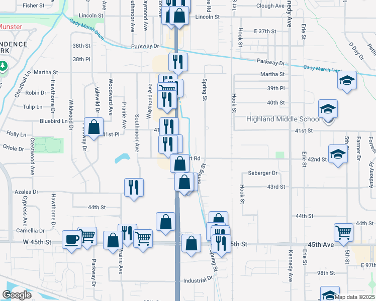 map of restaurants, bars, coffee shops, grocery stores, and more near in Highland