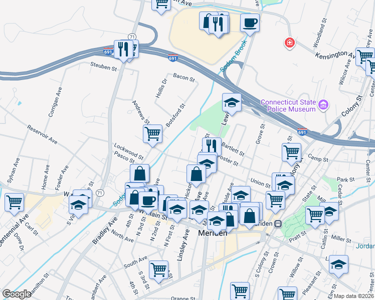 map of restaurants, bars, coffee shops, grocery stores, and more near 41 Water Street in Meriden