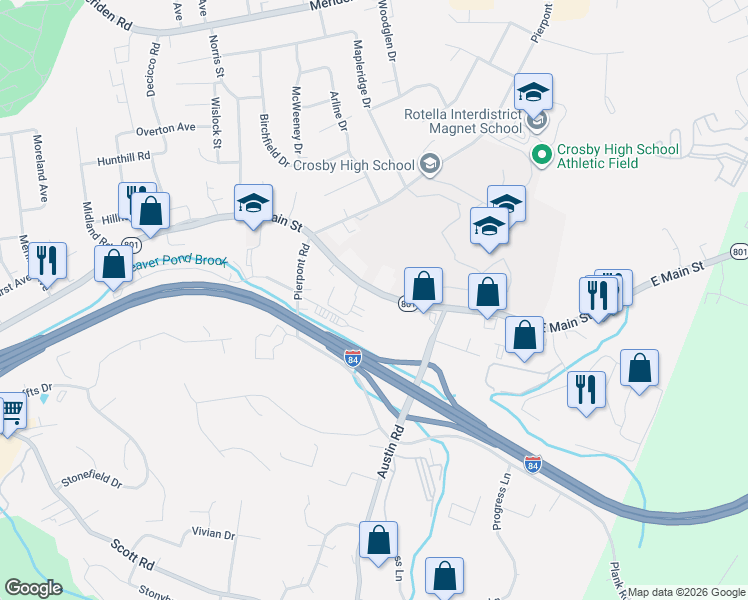 map of restaurants, bars, coffee shops, grocery stores, and more near 3437 East Main Street in Waterbury