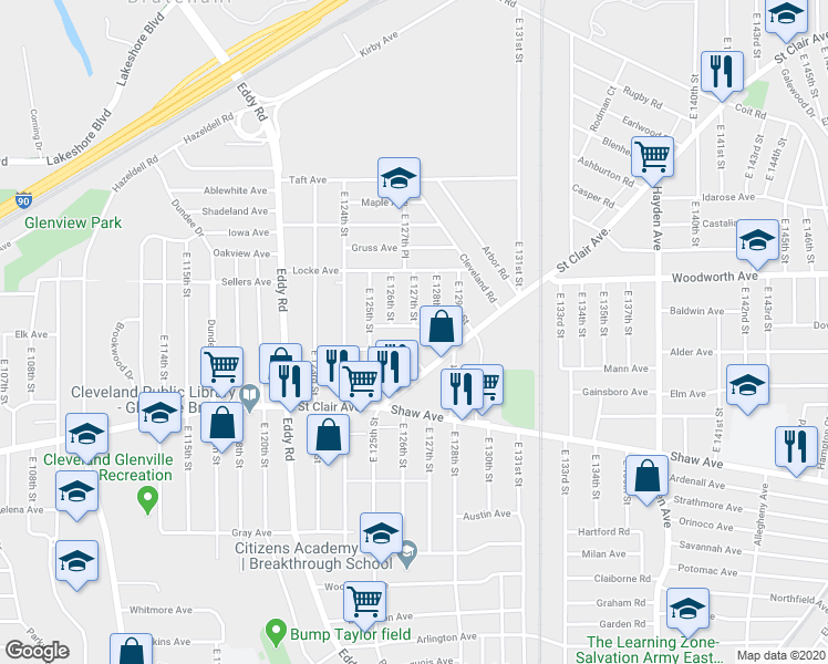map of restaurants, bars, coffee shops, grocery stores, and more near 506 East 128th Street in Cleveland