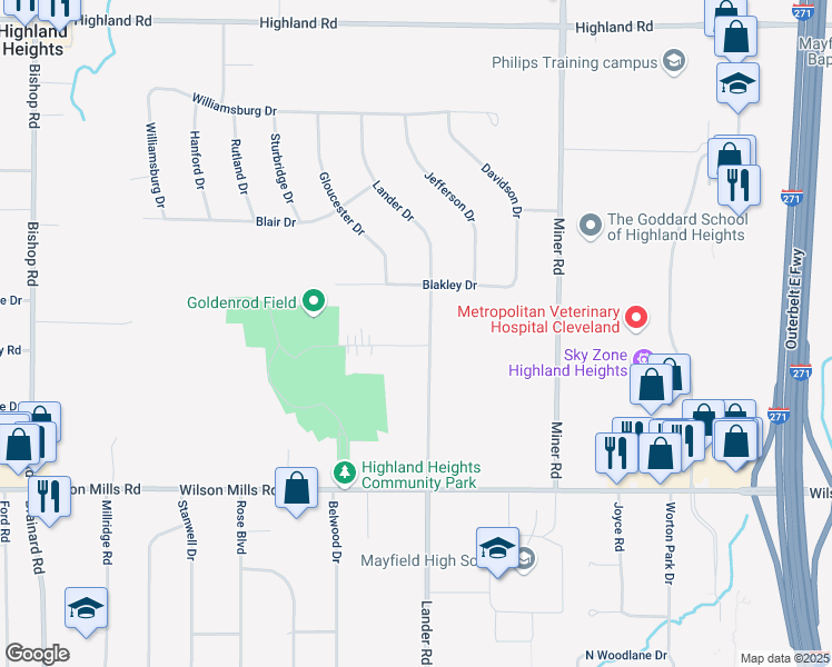 map of restaurants, bars, coffee shops, grocery stores, and more near 5987 Woodside Road in Highland Heights