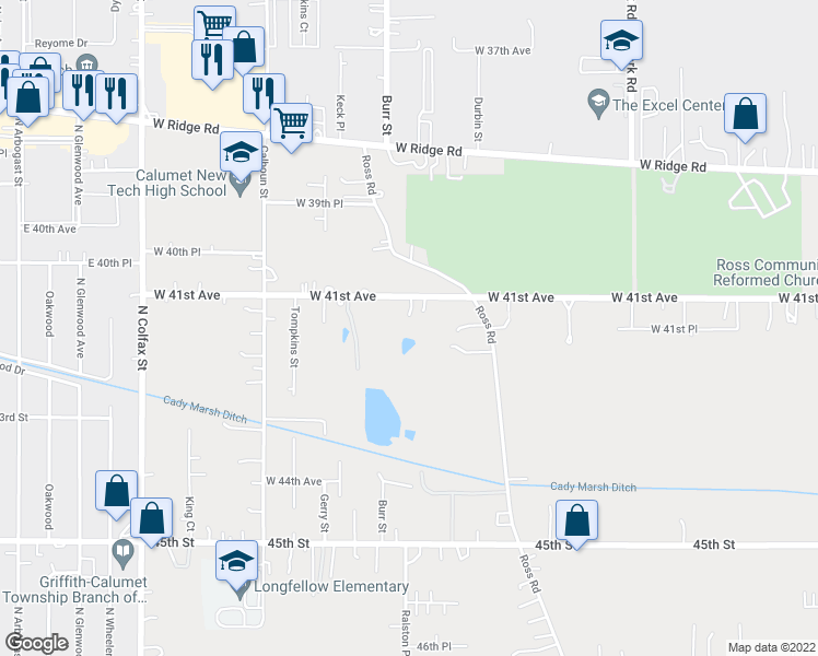 map of restaurants, bars, coffee shops, grocery stores, and more near 5317 West 41st Avenue in Gary