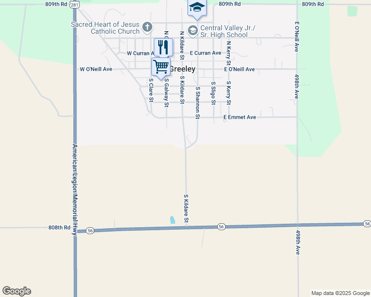 map of restaurants, bars, coffee shops, grocery stores, and more near South Kildare Street in Greeley