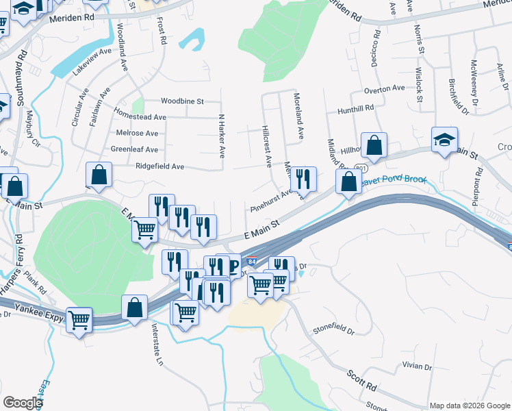 map of restaurants, bars, coffee shops, grocery stores, and more near 64 Whitecroft Lane in Waterbury