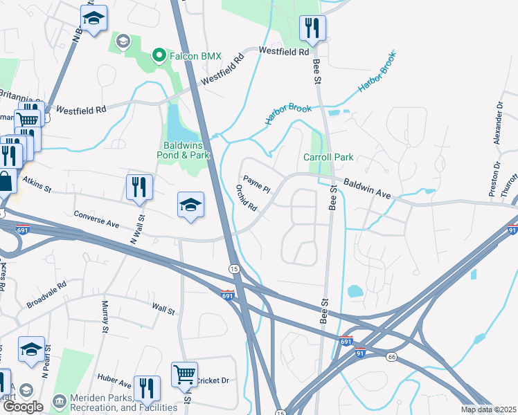 map of restaurants, bars, coffee shops, grocery stores, and more near 21 Orchid Road in Meriden