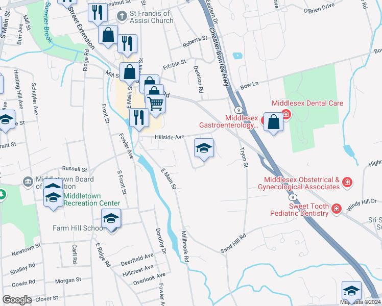 map of restaurants, bars, coffee shops, grocery stores, and more near 30 Bidwell Terrace in Middletown