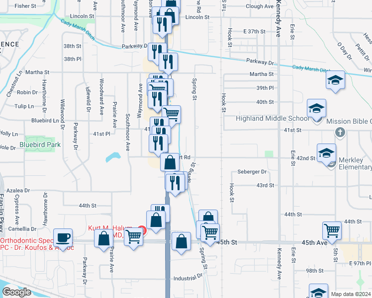 map of restaurants, bars, coffee shops, grocery stores, and more near Spring Creek Drive in Highland