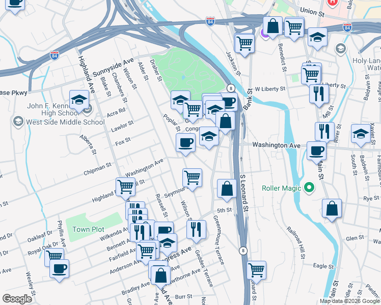 map of restaurants, bars, coffee shops, grocery stores, and more near 424 Washington Avenue in Waterbury