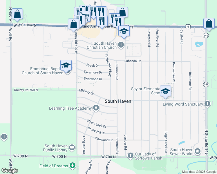 map of restaurants, bars, coffee shops, grocery stores, and more near 748 Timberline Parkway in Valparaiso