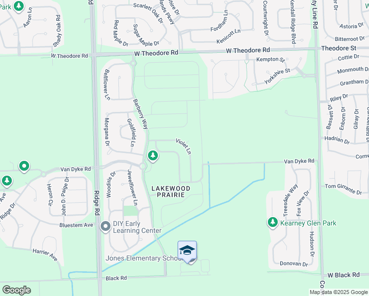 map of restaurants, bars, coffee shops, grocery stores, and more near 1217 Violet Lane in Joliet