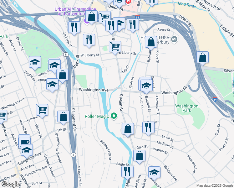 map of restaurants, bars, coffee shops, grocery stores, and more near 952 South Main Street in Waterbury