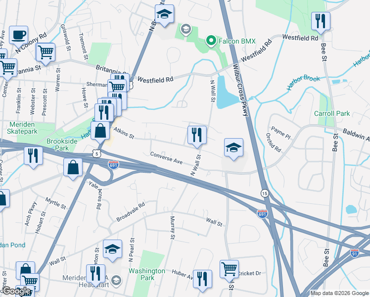 map of restaurants, bars, coffee shops, grocery stores, and more near 185 Atkins Street in Meriden
