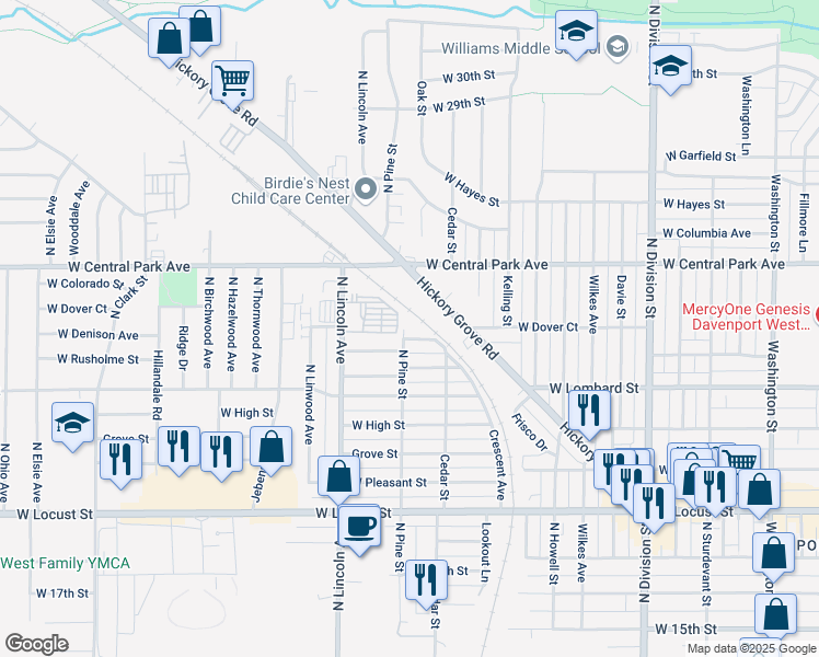 map of restaurants, bars, coffee shops, grocery stores, and more near 2224 W Dover Ct in Davenport