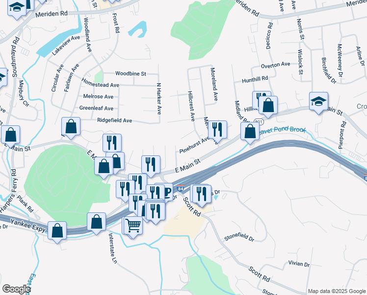 map of restaurants, bars, coffee shops, grocery stores, and more near 64 Whitecroft Lane in Waterbury