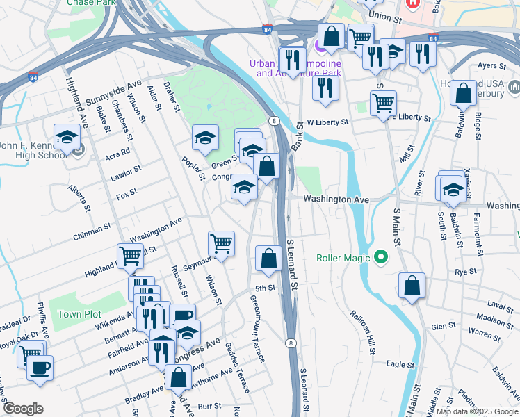 map of restaurants, bars, coffee shops, grocery stores, and more near 302 Washington Avenue in Waterbury