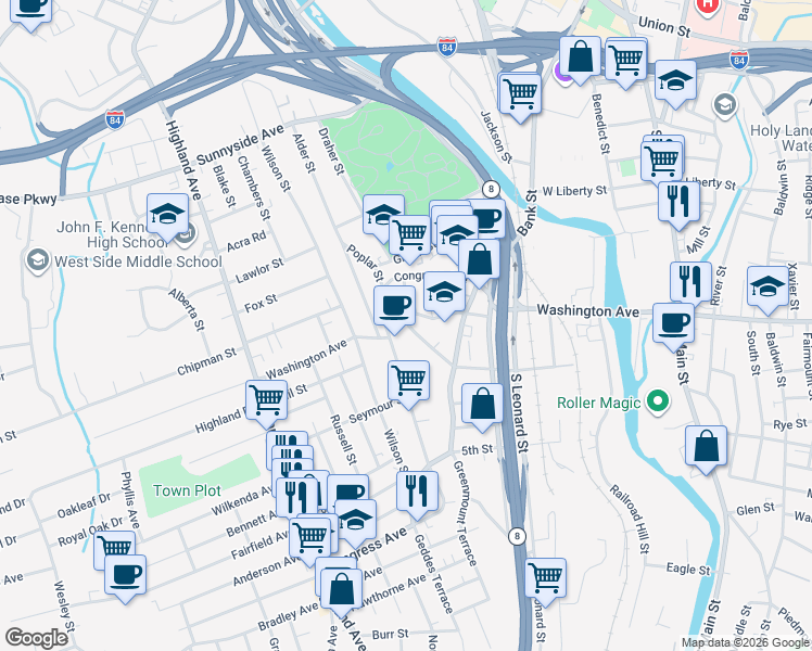 map of restaurants, bars, coffee shops, grocery stores, and more near 424 Washington Avenue in Waterbury