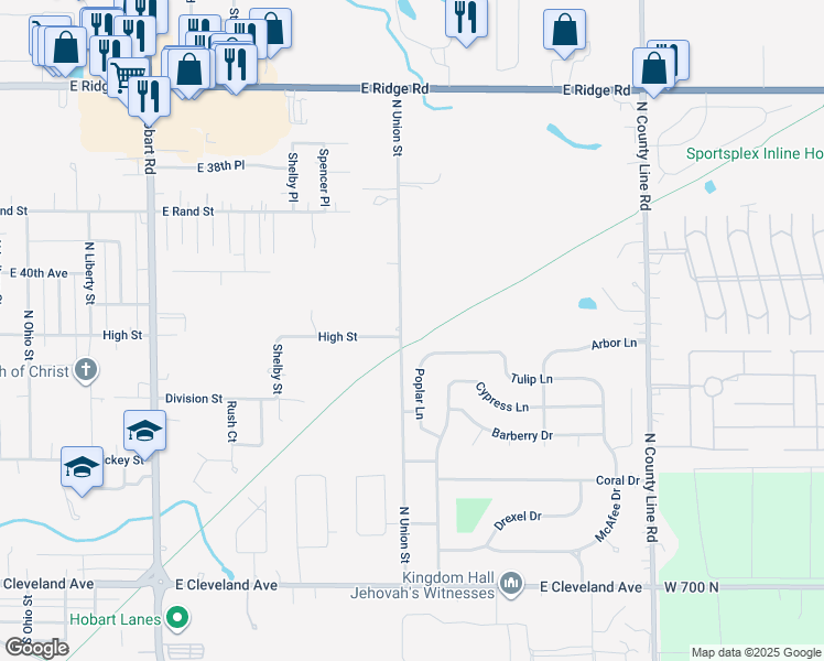 map of restaurants, bars, coffee shops, grocery stores, and more near 406 N Union St in Hobart